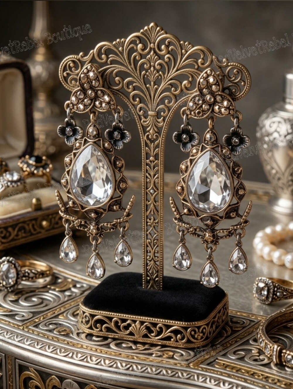 Vintage Teardrop Crystal & Marcassite Two-tone Gold Chandelier Dangle Earrings